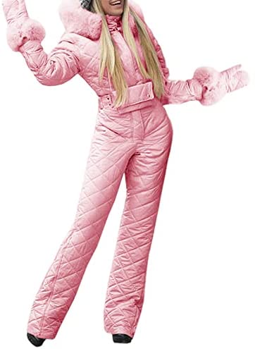 Womens Onesies Ski Suit Jumpsuit Outdoor Winter Skiing Jacket Snowsuit Fur Collar Coat with Hoodies Removable