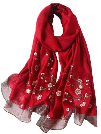WINCESS YU Women Mulberry Silk Scarf Long & Large Embroidered Floral Pattern Shawl and Wraps Neckerchief for Hair & Neck