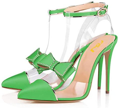 FSJ Women Clear T Strap Pointed Toe Stiletto High Heels Dress Pumps Sandals with Rhinestones Studded Bows Size 4-15 US
