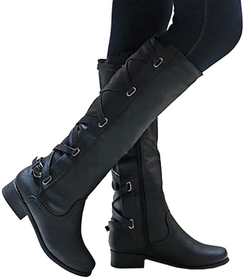 Ruanyu Womens Winter Knee High Boots Riding Strappy Lace Up Low Heel Combat Boots Black