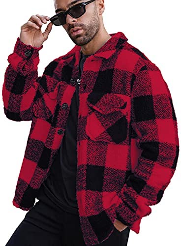 Mens Sherpa Fleece Plaid Jacket Shirt Button up Cozy Plush Shacket Loose Fit Outwear Coat