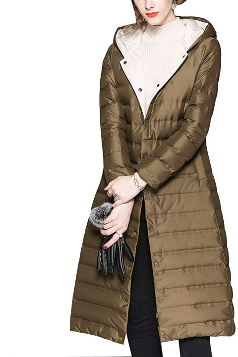Women's Hood Knee Length Buckle Fashion Down Jackets Solid Long Sleeve Coat