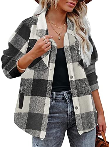 Yousify Womens Button-Down Plaid Jacket Lapel Long Sleeve Shacket Coat Casual Outwear with Pocket