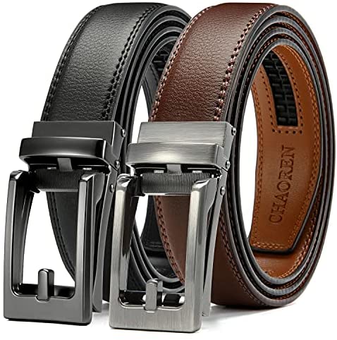 Click Belts for Men Comfort 2 Packs 1 1/4", CHAOREN Ratchet Dress Belt with Adjustable Slide Buckle, Trim to Fit in Gift Set