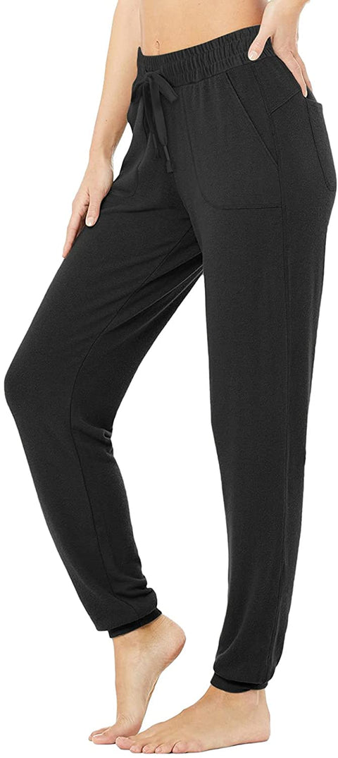 Fleece Joggers for Women Drawstring Yoga Pants with Pockets for Women Stretchy Sweatpants Workout Lounge Pants Black Large