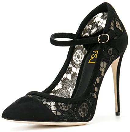 FSJ Women Sexy Black Lace Pumps Pointed Toe High Heels Mary Jane Stilettos Party Shoes Size 4-15 US