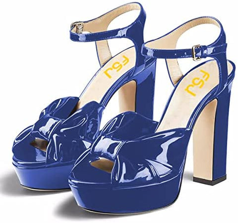 FSJ Women Platform Chunky High Heels Dress Sandalsl Ankle Strap Bowtie Peep Toe Heeled Pump Sandals Wedding Party Evening Shoes Size 4-15 US
