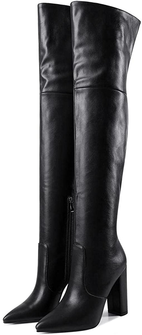 WAYDERNS Women's Winter Pointed Toe Block High Heel Zipper Thigh High Fur Lining Boots 4 Inch