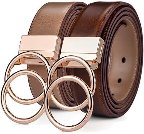 Beltox Women Belt Leather 1.3” Reversible 2 in 1 Rotated 2 Rings Gold Buckle