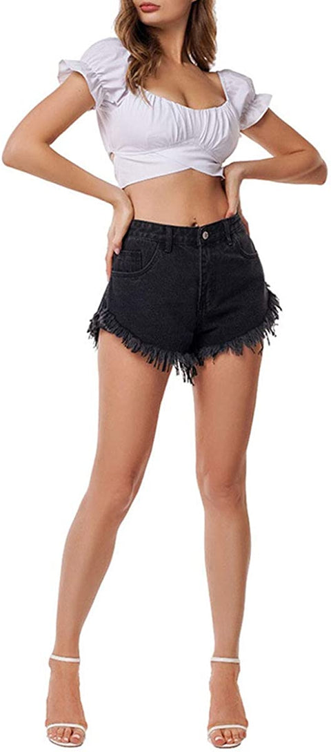 Women's Solid Summer Frayed Hem Casual High Waist Denim Shorts