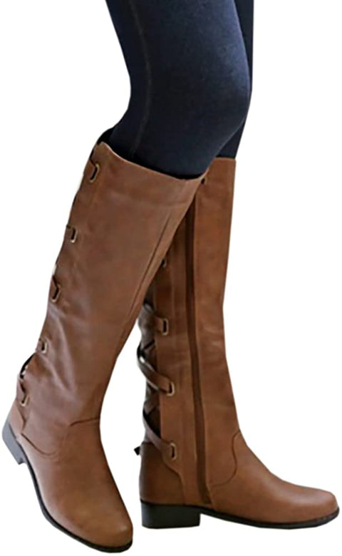 Ruanyu Womens Winter Knee High Boots Riding Strappy Lace Up Low Heel Combat Boots Brown
