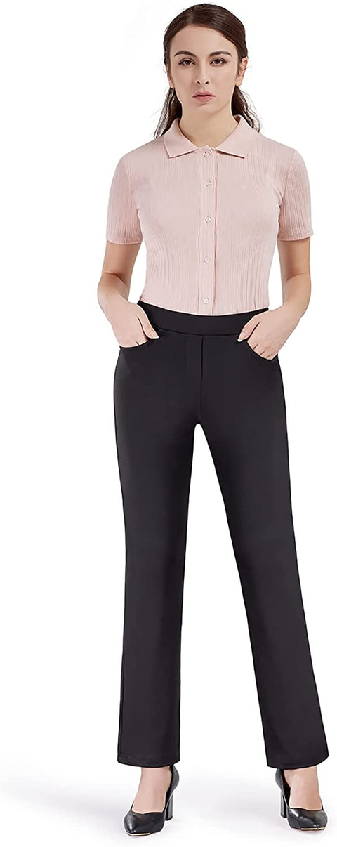 Dress Pants for Women Straight Leg Stretch Work Pants Pull-on Yoga Pants with Pockets