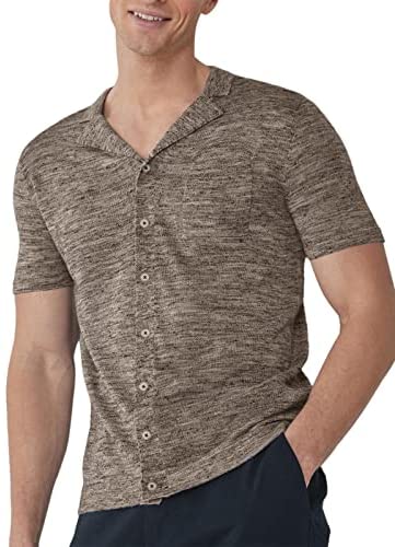 Mens Button Down Shirts Knitted Short Sleeve Casual Lapel V Neck Loose Fit Lightweight Tops with Chest Pocket