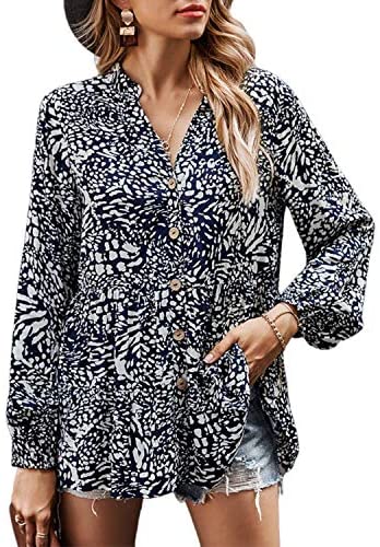 ayreus Women's Floral Prints V-Neck Blouse Shirts Button Down Long Sleeve Flowy Tunic Top