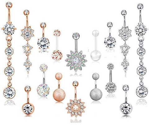 3-16 Pcs 14G Stainless Steel Dangle Belly Button Rings