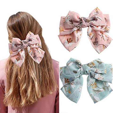 Chiffon Bow Barrettes Hair Clips - AWAYTR 2 Packs Flower Elastic Hair Bow for Women Wedding Party (White+Pink)