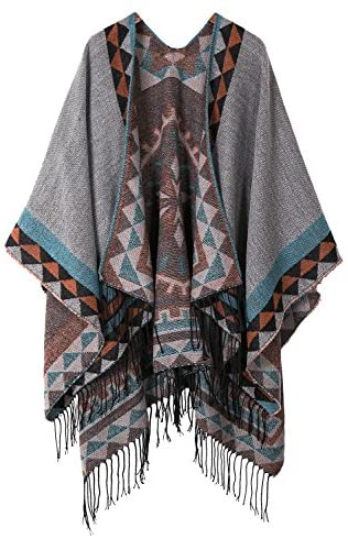 Women's Printed Tassel Open front Poncho Cape Wrap Shawl