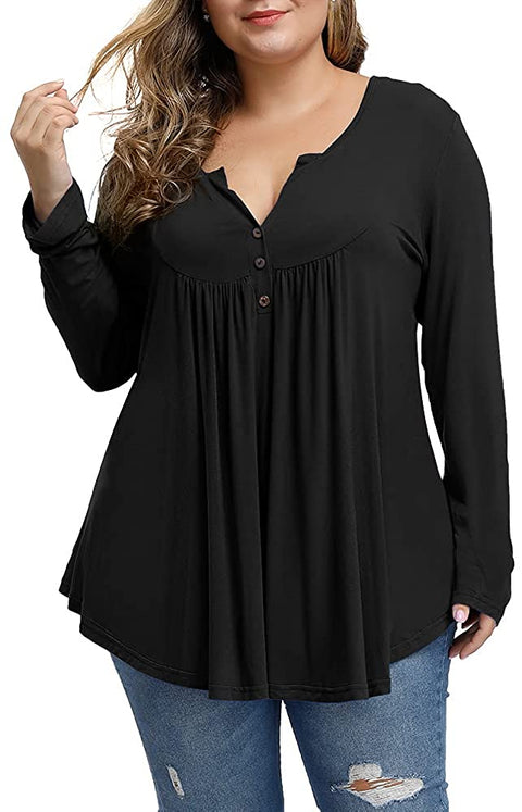 Women's Plus Size Tunics Button Up Henley V Neck Tops Pleated Long Sleeve Tunic Shirts