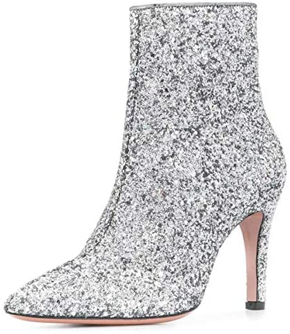 Women Chic Sparkle Glitter Ankle Boots Pencil Heel Zip Up Pointy Toe Fashion Short Booties Size 4-15 US