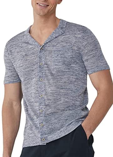 Mens Button Down Shirts Knitted Short Sleeve Casual Lapel V Neck Loose Fit Lightweight Tops with Chest Pocket