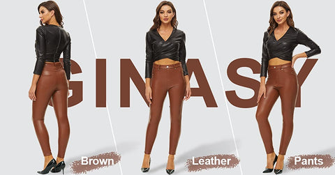 Ginasy Brown Leather Pants for Women Stretchy Dressy Pleather Leggings for Tummy Control