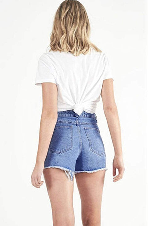 Women's Irregular Frayed Hem Casual High Waisted Solid Denim Shorts