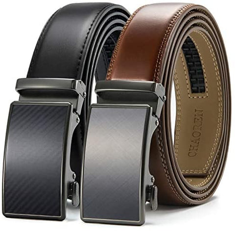Belts Men, CHAOREN Leather Ratchet Belt 2 Pack with Click Sliding Buckle 1 3/8" in Gift Set Box - Adjustable Trim to Fit