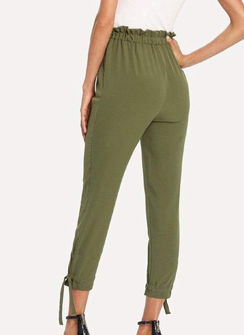 Women's Pocket Cropped Trousers Casual Solid Elastic Waist Tie Pants