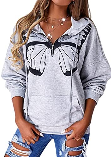 Zwurew Women Print Butterfly Long Sleeves Hoodie Top Casual Zip Collar Sweatshirt Pullover With Pocket