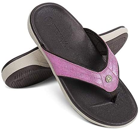 Flip Flops for Women with Arch Support - Memory Foam Flip Flop Thong Sandals Orthotic Sandal for Women with Non-Slip Rubber Sole and Metallic PU Leather Straps
