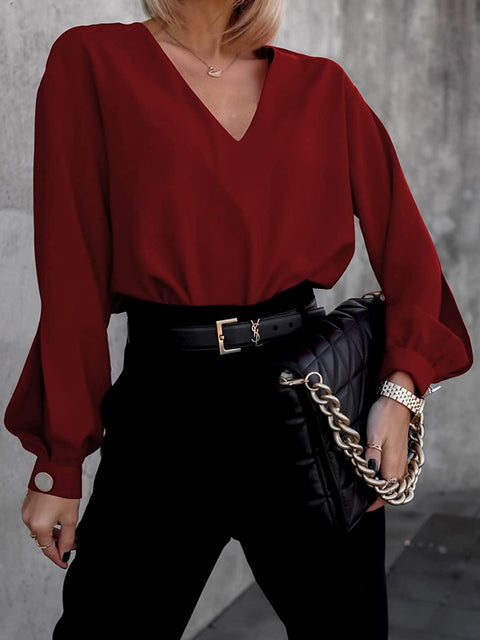 Zwurew Women's V-Neck Long Sleeves Elegant Blouse Solid Casual Office Workwear Basic Tunic Tops