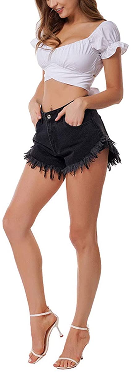 Women's Solid Summer Frayed Hem Casual High Waist Denim Shorts