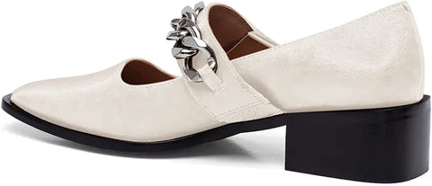 Ruanyu Womens Chunky Block Heel Loafers Square Closed Toe Pumps Single Band Comfortable Shoes with Metal Chain
