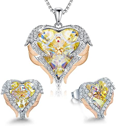 Angel Wing Love Heart Necklaces and Earrings Silver Jewelry Sets