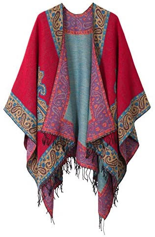 Women's Printed Tassel Open front Poncho Cape Wrap Shawl