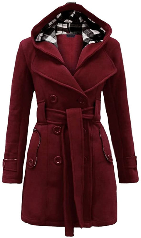 Women's Fleece Check Hooded Pea Coat Winter Double Breast Belted Wool Jacket