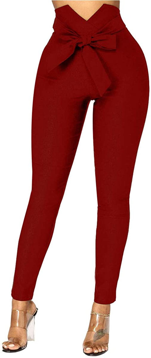 Women's Fashion Paper Bag Waist Pants Casual Bowknot High Waist Long Trousers