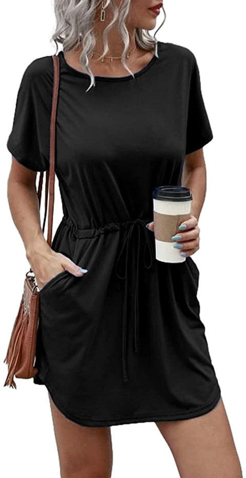 Dyexces Womens Dresses Tshirts Dress Summer Dresses Tunic Short Sleeve Crewneck Midi Dress with Pockets