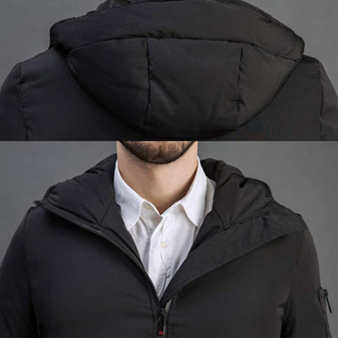 Men's Pocket Fashion Hooded Handsome Thicken Down Cotton Jacket Zipper Winter Long Coat