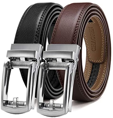 Click Belts for Men Comfort 2 Packs 1 1/4", CHAOREN Ratchet Dress Belt with Adjustable Slide Buckle, Trim to Fit in Gift Set