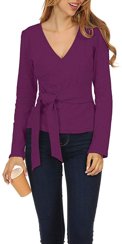 Zumla Women Tops Long Sleeve Casual Fall Sexy Wrap V Neck Blouse for Work Tie Front