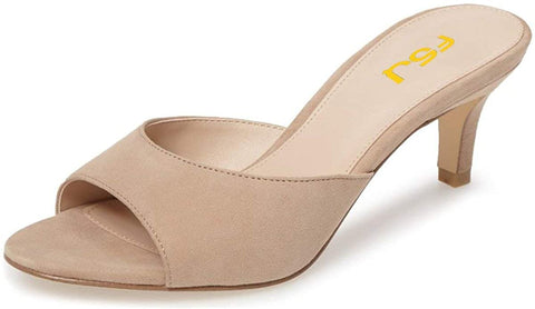 Women Comfort Low Heel Mules Peep Toe Suede Sandals Slip On Dress Pump Shoe 6CM Beige Size 9