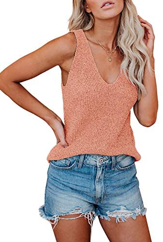 Ruanyu Womens Sexy V Neck Tank Tops Summer Knitted Sleeveless Lightweight Camisole Loose Fit Casual Shirts