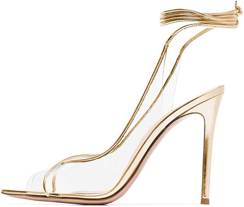 FSJ Women Sexy Stilettos High Heel Strappy Sandals Cross Strap Ankle Wrap Slingback Transparent Wedding Evening Dress Pumps Size 4-15 US