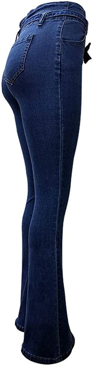 Women's Classic Bell Bottoms Bowknoted High Rise Flared Bottom Fashion Casual Long Denim Pants