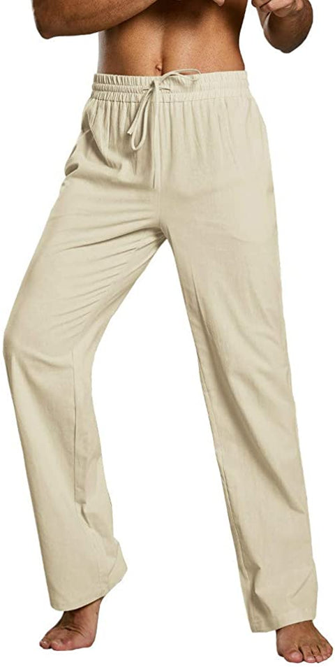 Karlywindow Mens Casual Linen Pants Loose Fit Drawstring Elastic Waist Lightweight Yoga Beach Trousers