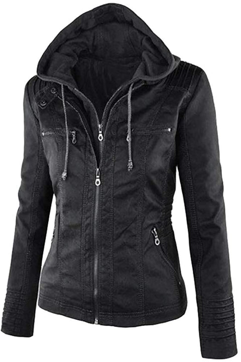 Women's Hooded Faux Leather Jackets Removable Hood Solid Slim Zip Up Moto Coat
