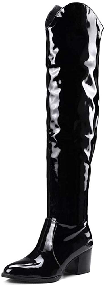 Tale Women's Low Block Heel Pointy Toe Patent Leather Thigh High Over The Knee Boots