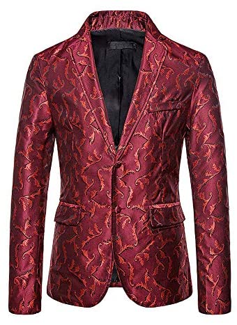 Men's Printed Embroidery Relaxed Breasted Two Button Blazer Casual Notched Lapel Party Stylish Coat