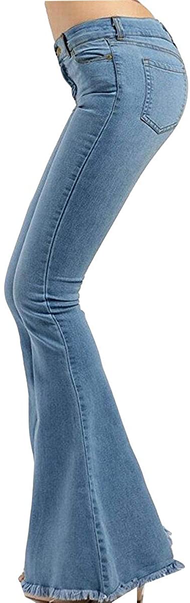 Women's Low Rise Flared Bell Bottom Fashion Raw Hem Casual Long Denim Pants